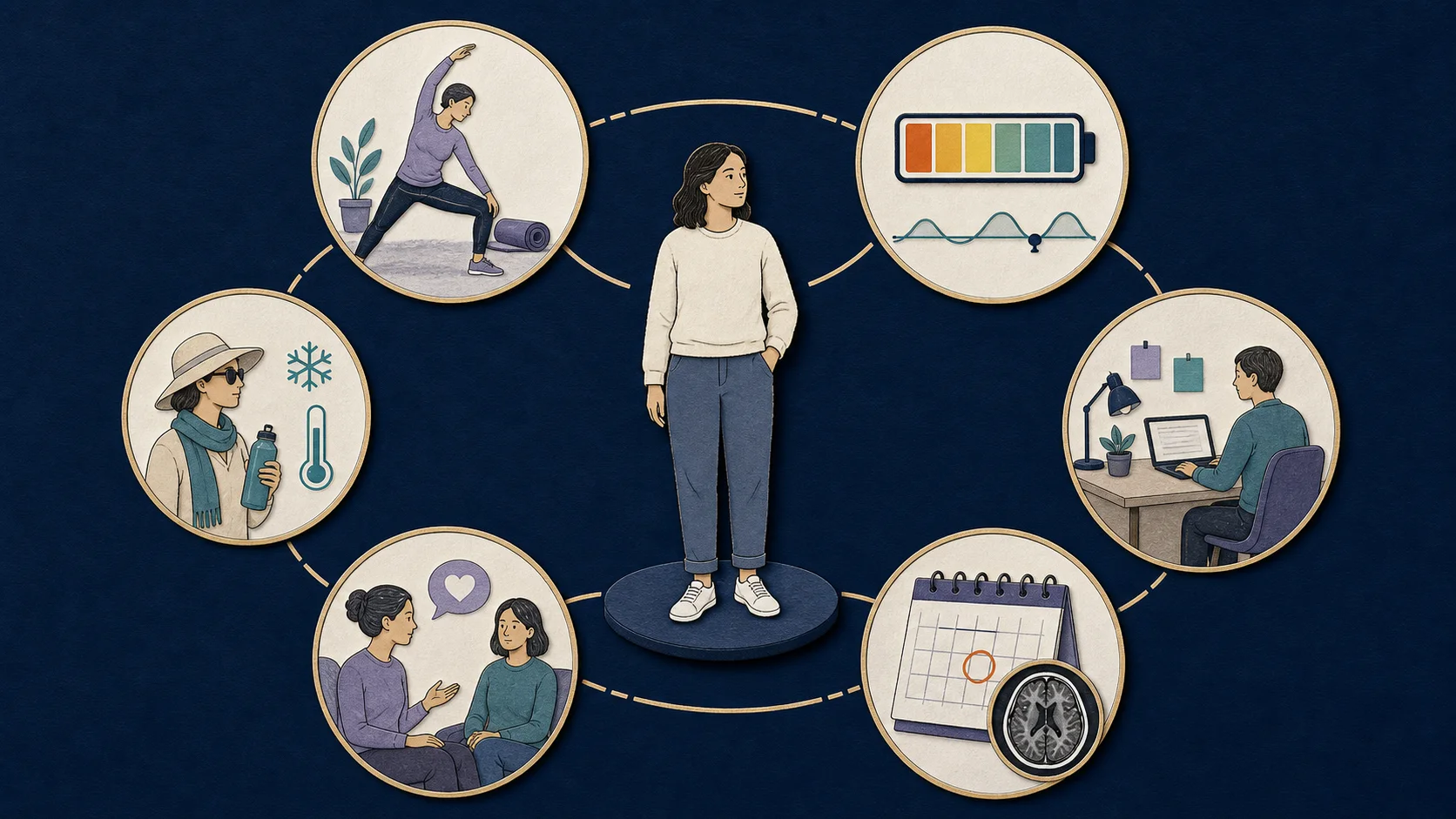 Schematic of coordinated daily care, activity, monitoring, and support for living with multiple sclerosis