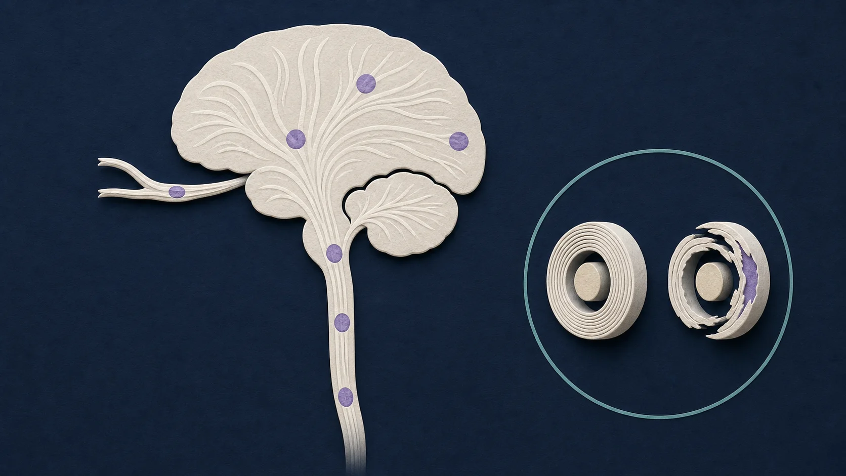 Schematic of the brain, optic nerves, and spinal cord with selected central nervous system demyelinating lesions