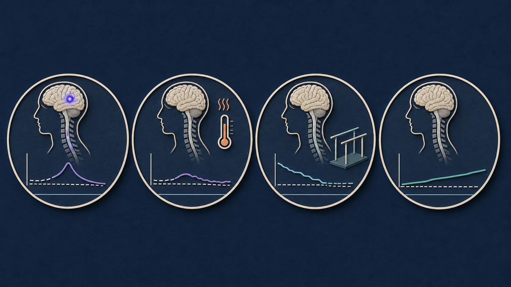 Schematic comparing a multiple sclerosis relapse, pseudo-relapse, recovery, and progression