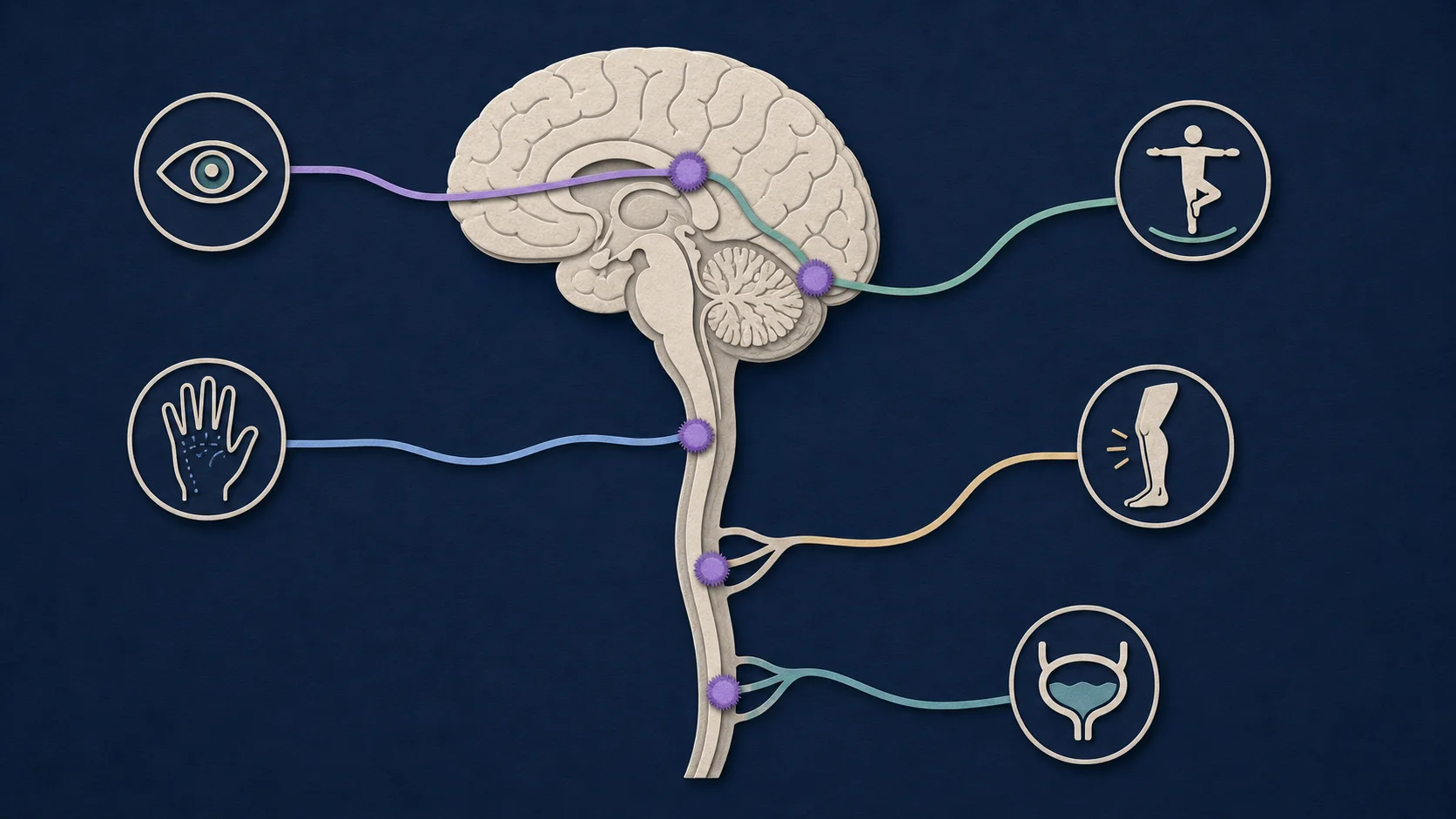 Schematic of optic, sensory, motor, cerebellar, and spinal pathways that may be affected in multiple sclerosis