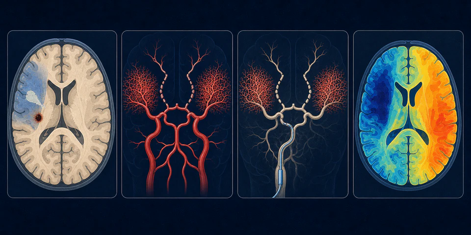 Four-panel schematic of MRI, MRA, catheter angiography, and cerebral perfusion assessment