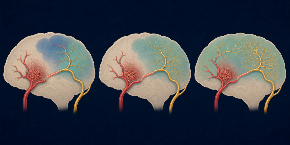 Three-stage schematic of bypass patency, collateral growth, and perfusion during follow-up