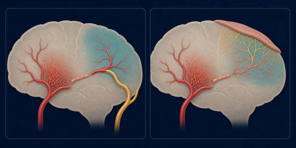 Two-panel schematic comparing direct bypass with indirect revascularization
