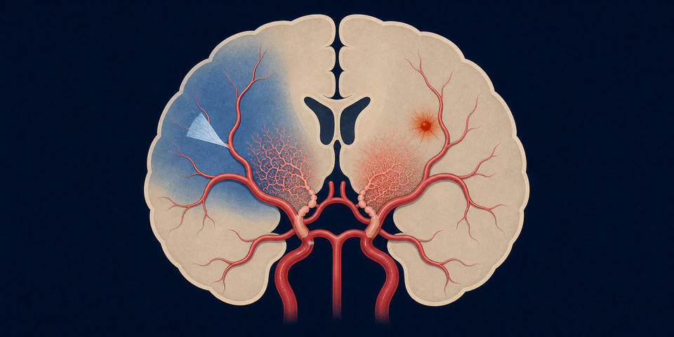 Schematic of terminal artery occlusion with low-flow ischemia and a small hemorrhagic focus