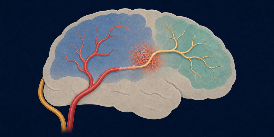 Schematic of an alternative bypass route supplying cortex beyond an occluded artery